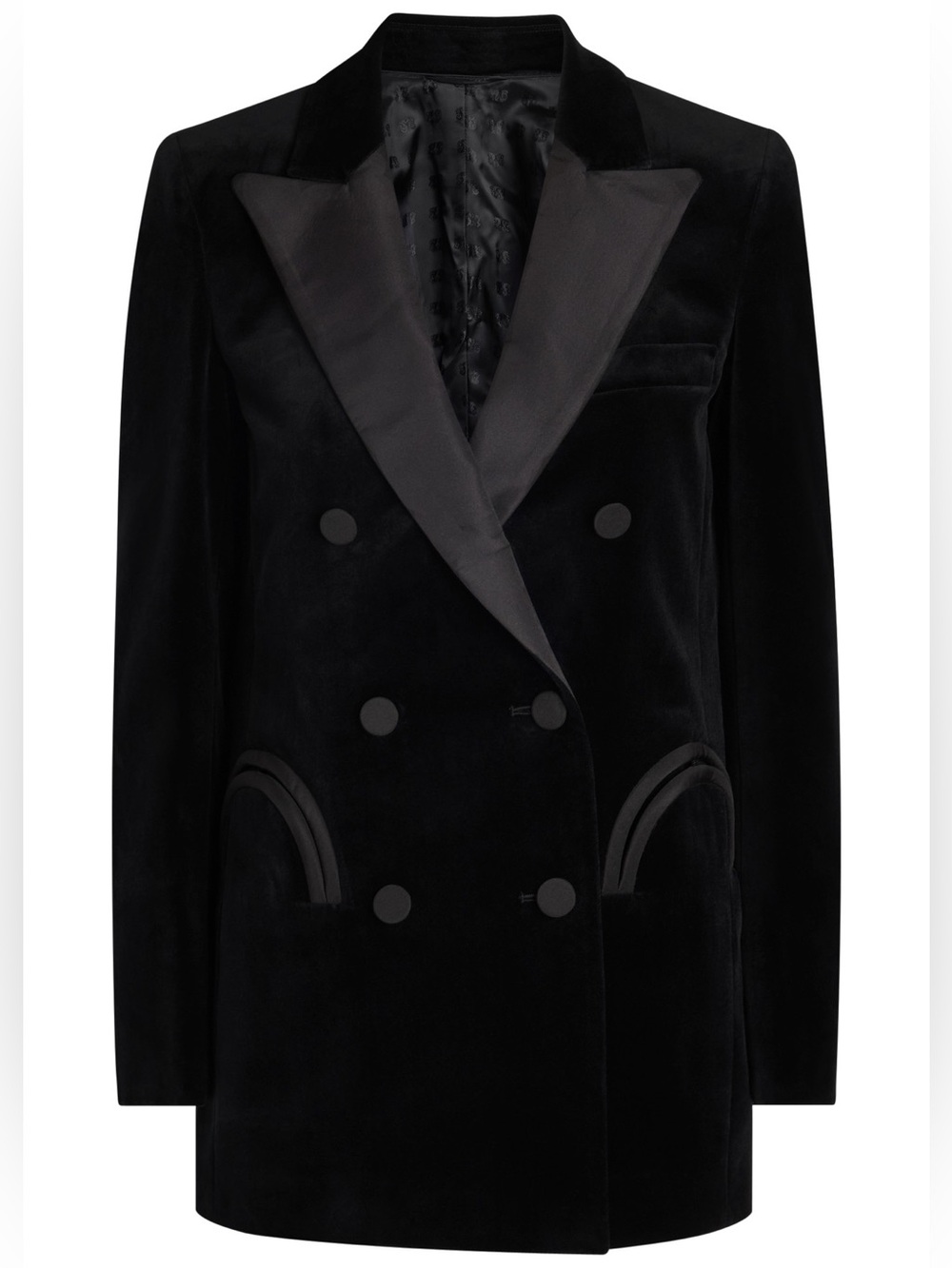 Black Velvet & Satin Trim Long Line Fitted Blazer With Smiley Pockets